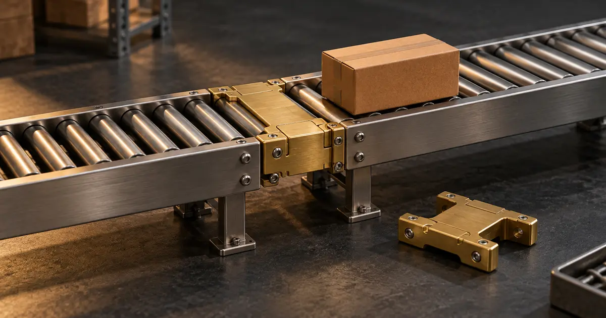 A parcel on a miniature steel conveyor joined by a fitted brass adapter, with a spare adapter beside it.