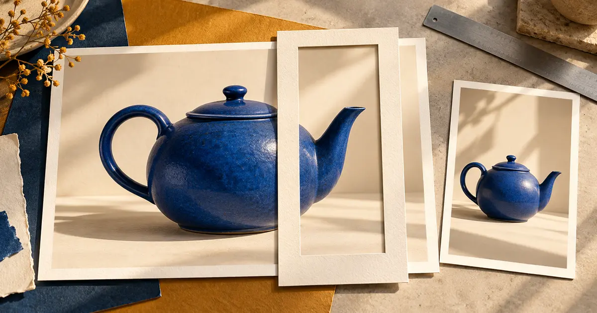 A narrow crop frame overlays a landscape teapot photograph beside a portrait composition showing the whole teapot.