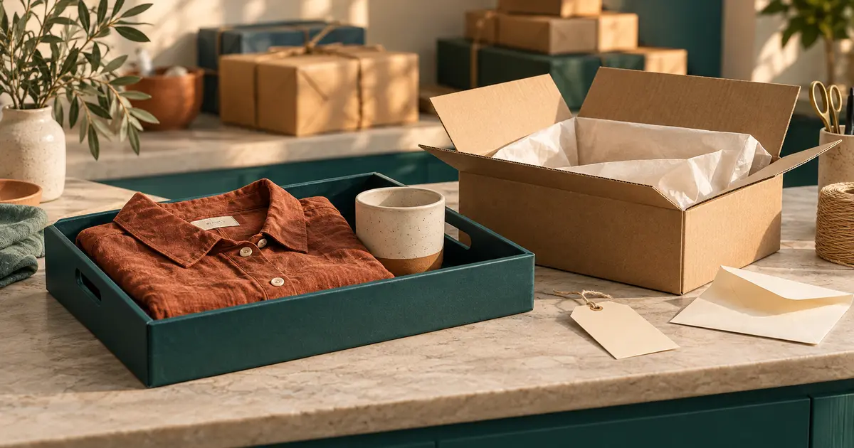 A folded linen shirt and ceramic cup wait in a teal tray beside an open shipping box and envelope.