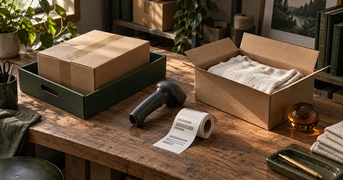 A sealed parcel in a green dispatch tray beside an open fabric order, barcode scanner, and shipping labels.