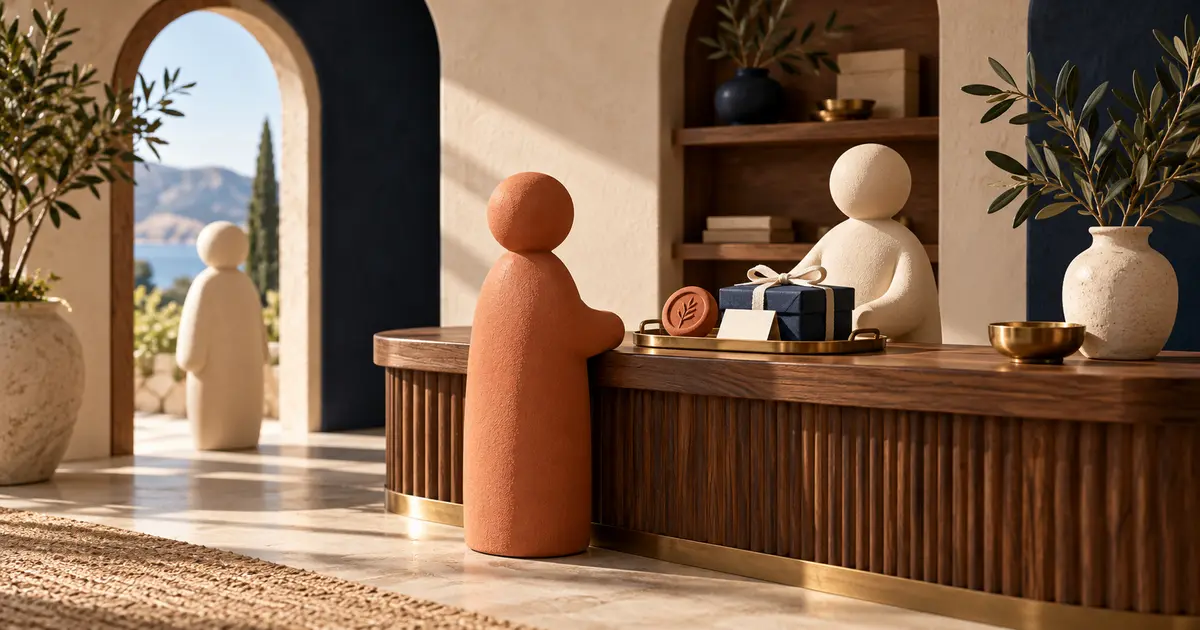 Sculpted customers at a boutique counter with a parcel, receipt, and membership token, while another customer enters.