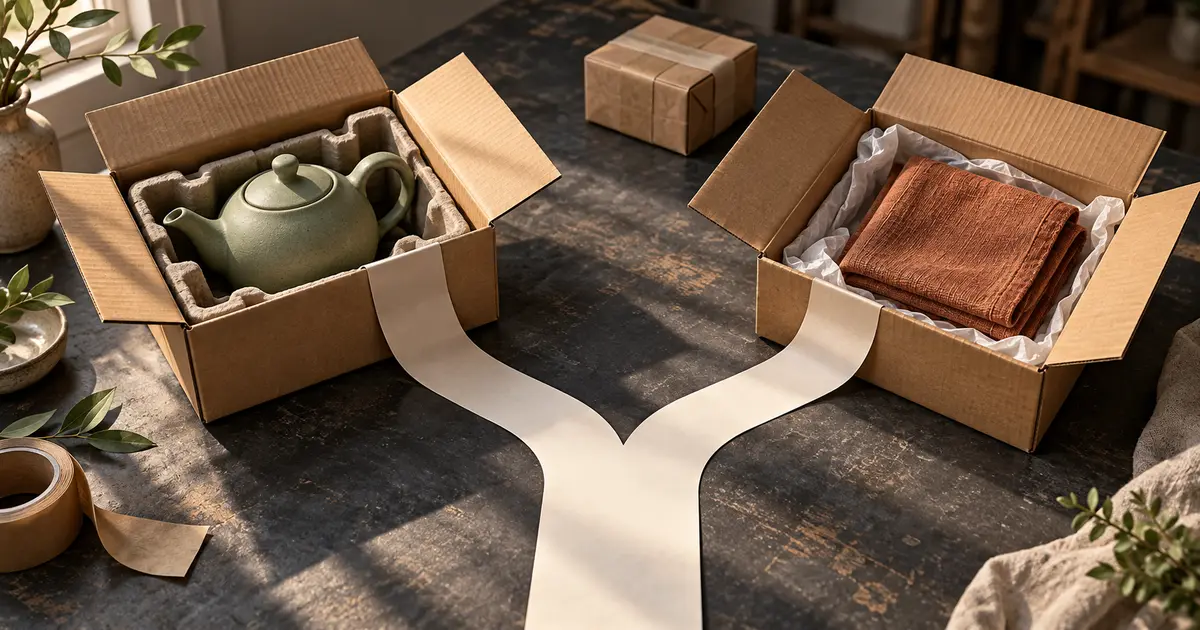 Two open shipping cartons holding a green teapot and a rust-colored towel, connected by a branching paper order slip.