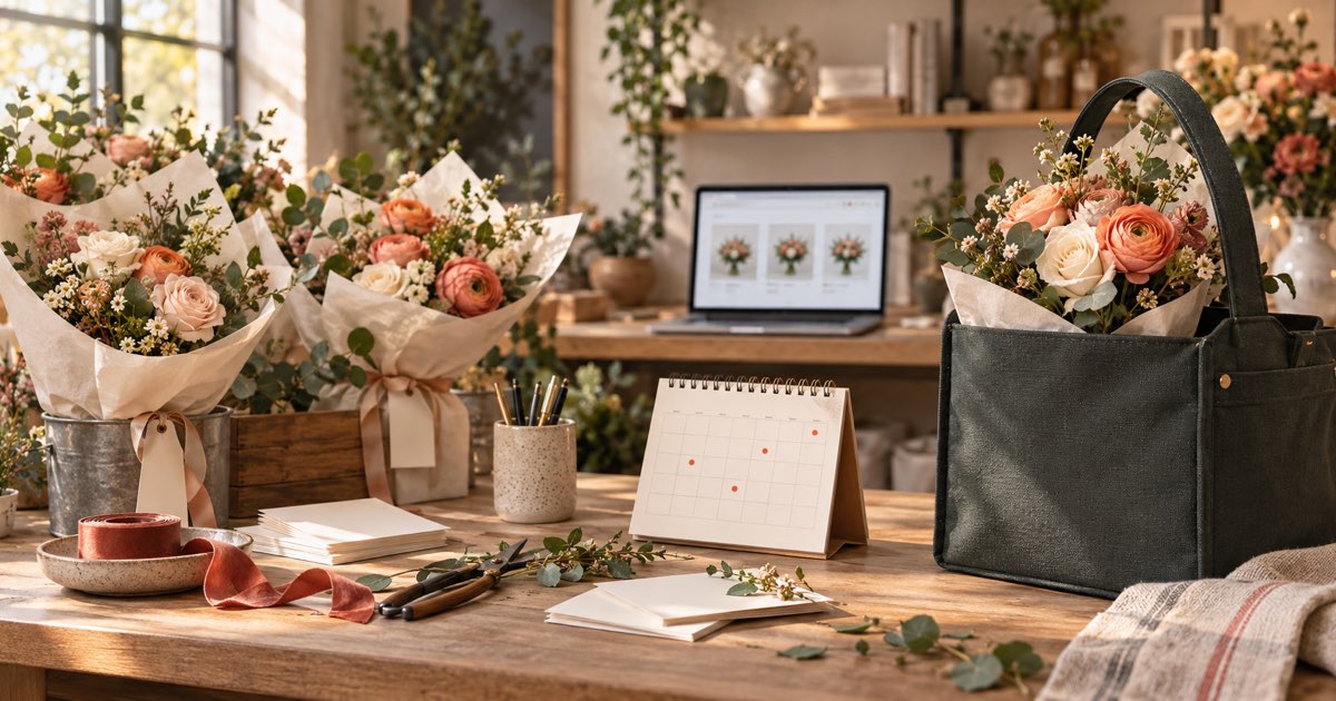 Wrapped bouquets, a delivery carrier, and a scheduling calendar on a florist workbench.