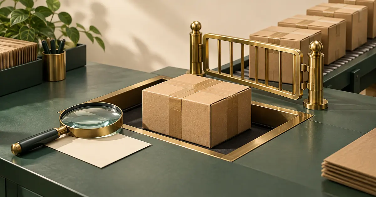 Conceptual packing station with a parcel held before a brass gate and a magnifying lens beside it.