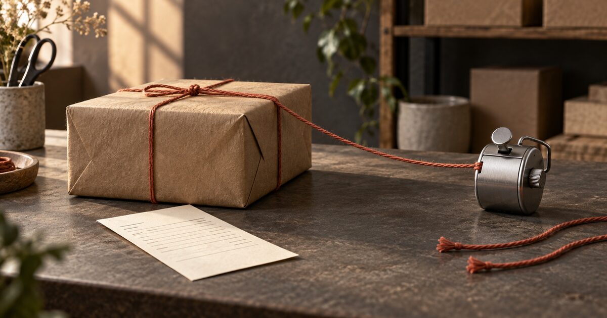 A kraft parcel linked by terracotta twine to a metal tally counter, beside an order slip and loose threads.