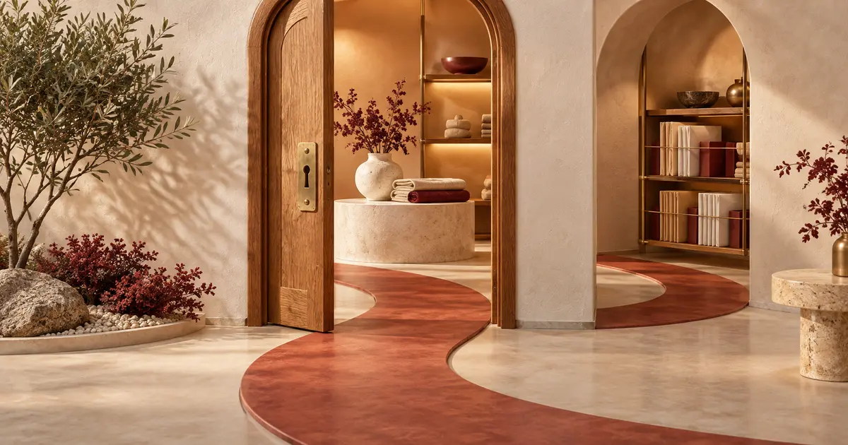 Conceptual boutique doorway with a curved terracotta path leading past a product display and shelves of envelopes.