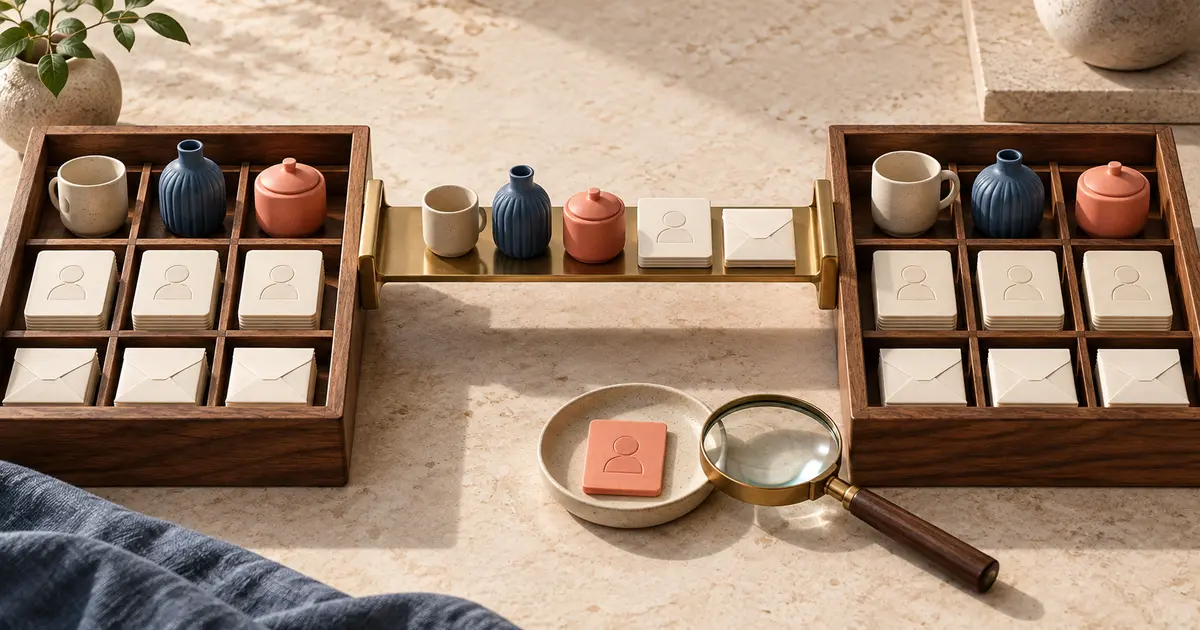 Two wooden trays of ceramic products and customer cards connected by a brass bridge, with a coral card set aside for inspection.