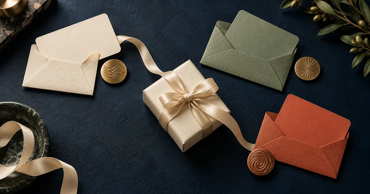 Ivory, sage, and coral gift cards in textured envelopes surround a ribbon-wrapped gift box and embossed metal tokens.