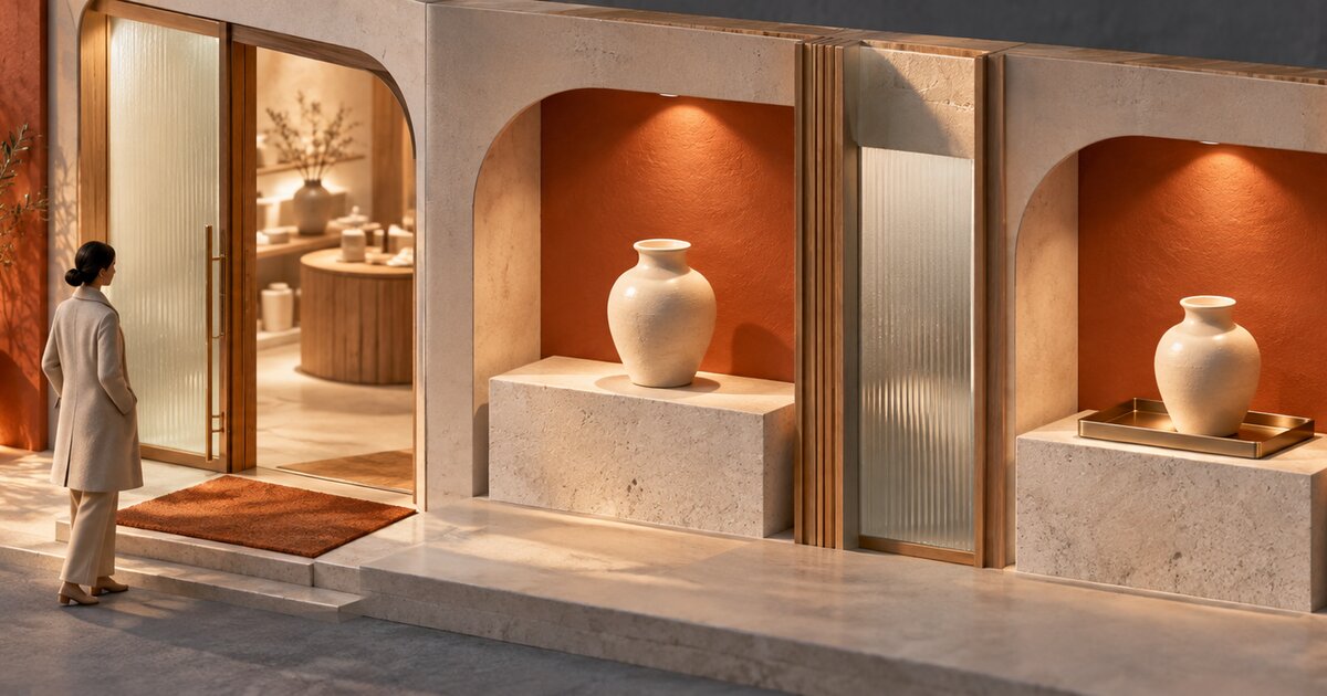 Conceptual boutique scene with a shopper at the entrance and ceramic vases prepared in two display alcoves.
