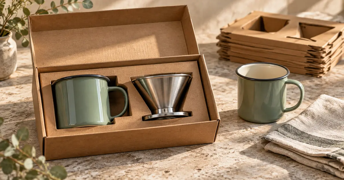 Sage-green mug and stainless steel coffee dripper packed together in a kraft box beside a separate mug.