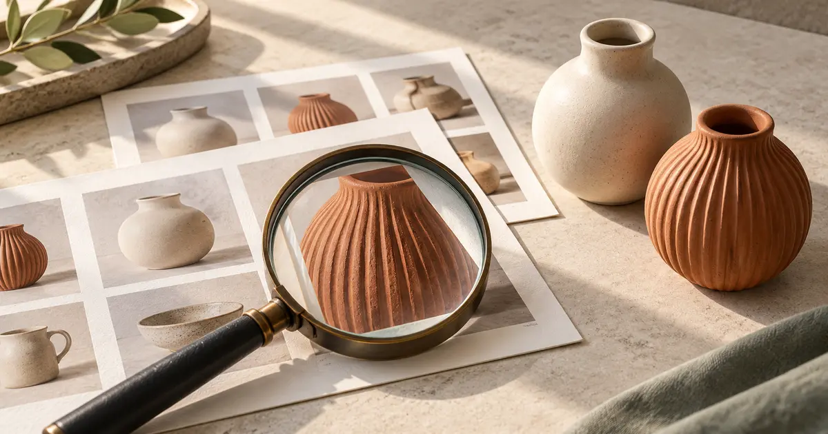 A magnifying glass enlarges a ceramic vase photograph on product contact sheets beside two contrasting clay vases.