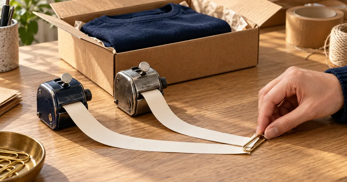 Two mechanical counters with paper strips joined by a brass clip beside a carton holding a navy garment, a conceptual illustration of comparing measurements.