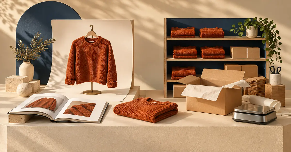 A rust-colored sweater appears in a photography display beside matching stock, an open shipping box, and a packing scale.