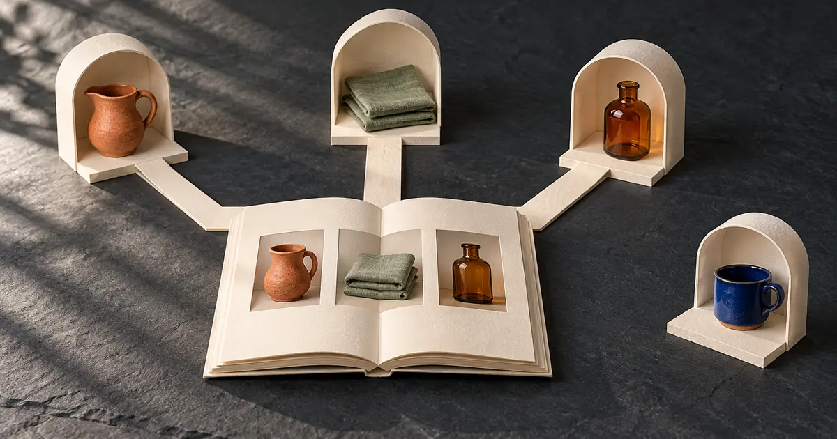 Paper paths connect an open catalog to three product displays, while a blue mug stands in a separate, disconnected alcove.