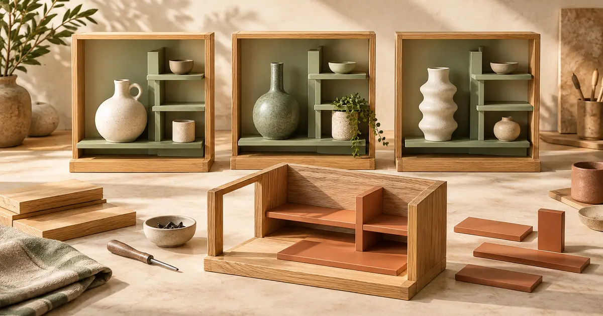 Three wooden product displays share sage shelves while a separate terracotta display is assembled on the workbench.