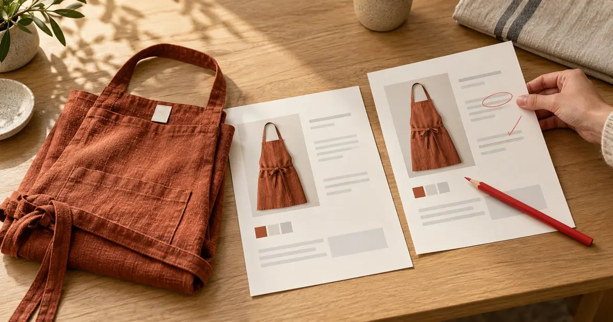 A rust-colored apron beside two product-proof sheets, one marked for correction with a red pencil.